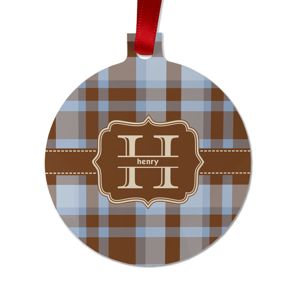 Custom Two Color Plaid Metal Ball Ornament - Double Sided w/ Name and Initial