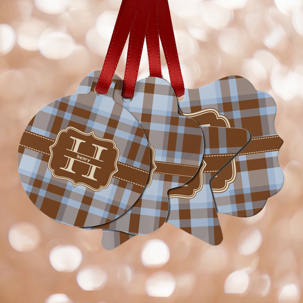 Custom Two Color Plaid Metal Ornaments - Double Sided w/ Name and Initial