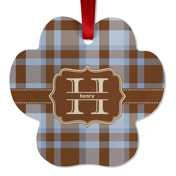 Custom Two Color Plaid Metal Paw Ornament - Double Sided w/ Name and Initial