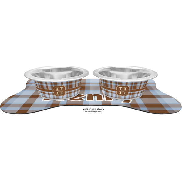 Two Color Plaid Metal Pet Bowls - On Dog Bone Shaped Mat