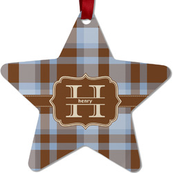 Two Color Plaid Metal Star Ornament - Double Sided w/ Name and Initial