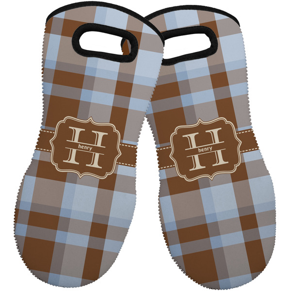 Custom Two Color Plaid Neoprene Oven Mitts - Set of 2 w/ Name and Initial