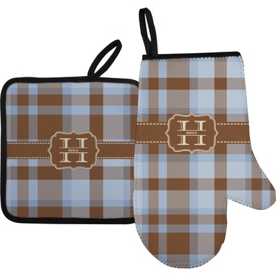 Two Color Plaid Oven Mitt & Pot Holder Set w/ Name and Initial