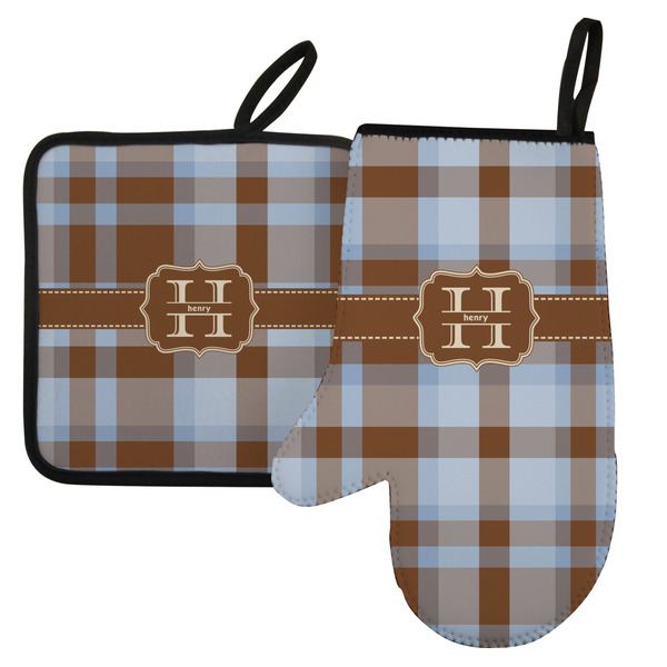 Custom Two Color Plaid Left Oven Mitt & Pot Holder Set w/ Name and Initial
