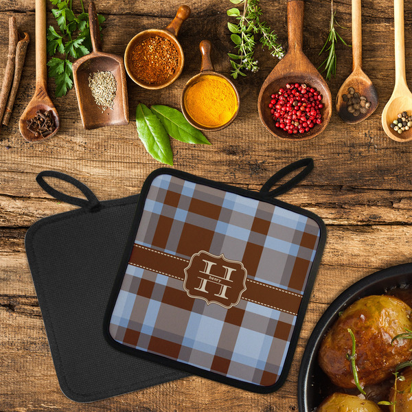Two Color Plaid Neoprene Pot Holder - Set of 2  LIFESTYLE (Flatlay)
