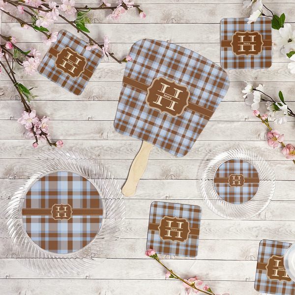 Two Color Plaid Party Supplies Combination Image - All items - Plates, Coasters, Fans