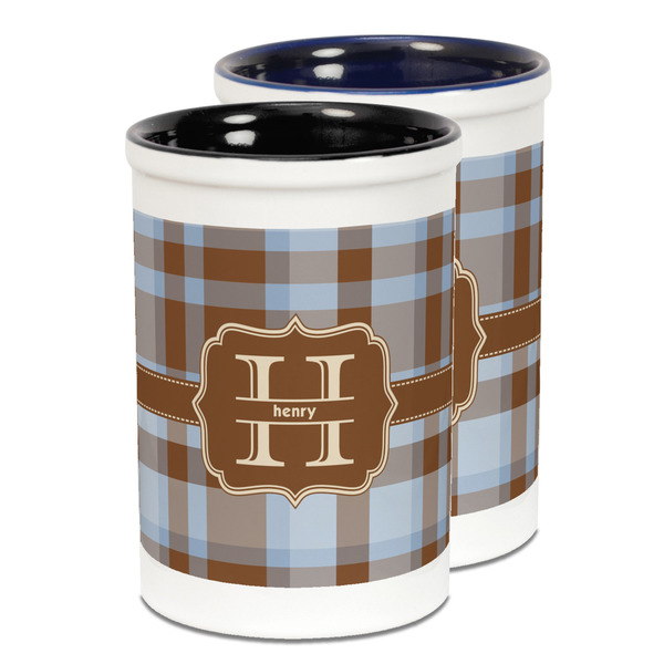 Custom Two Color Plaid Ceramic Pencil Holder - Large