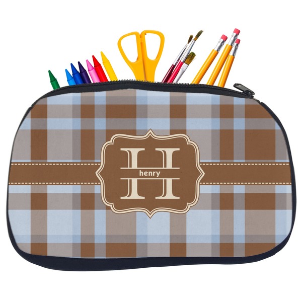 Custom Two Color Plaid Neoprene Pencil Case - Medium w/ Name and Initial