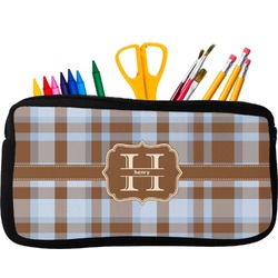 Two Color Plaid Neoprene Pencil Case - Small w/ Name and Initial
