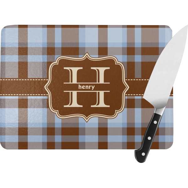 Custom Two Color Plaid Rectangular Glass Cutting Board - Large - 15.25"x11.25" w/ Name and Initial