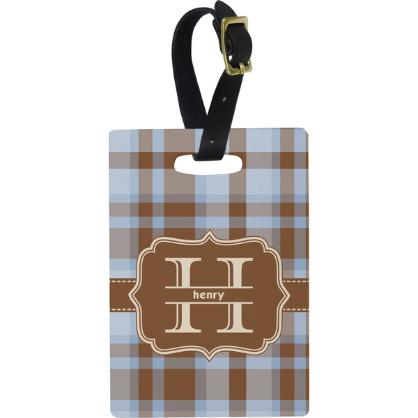 Custom Two Color Plaid Plastic Luggage Tag - Rectangular w/ Name and Initial