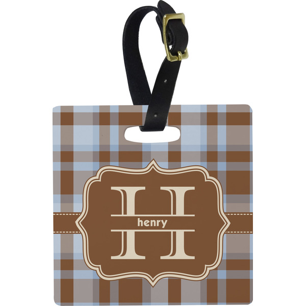 Custom Two Color Plaid Plastic Luggage Tag - Square w/ Name and Initial