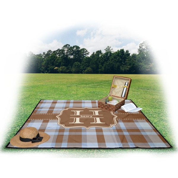 Two Color Plaid Picnic Blanket - with Basket Hat and Book - in Use