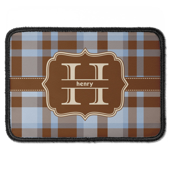 Custom Two Color Plaid Iron On Rectangle Patch w/ Name and Initial