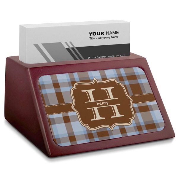 Custom Two Color Plaid Red Mahogany Business Card Holder (Personalized)