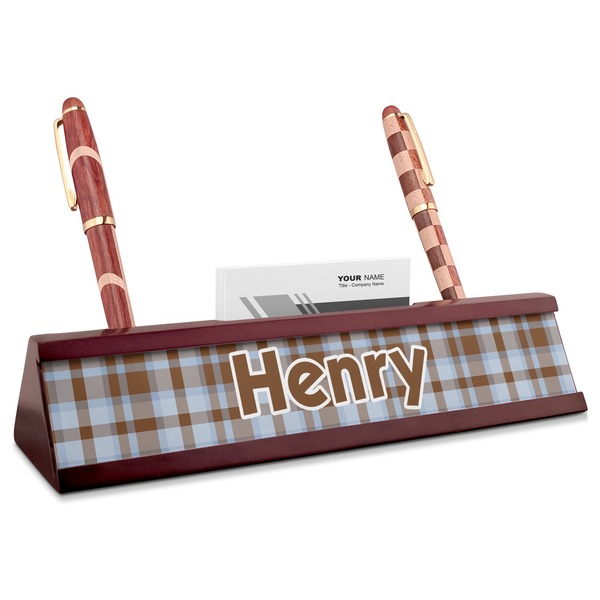 Custom Two Color Plaid Red Mahogany Nameplate with Business Card Holder (Personalized)