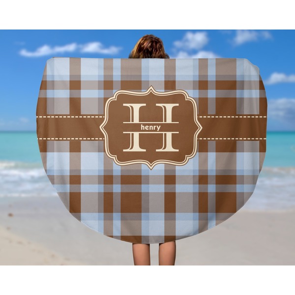 Two Color Plaid Round Beach Towel - In Use