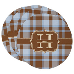 Two Color Plaid Round Paper Coasters w/ Name and Initial