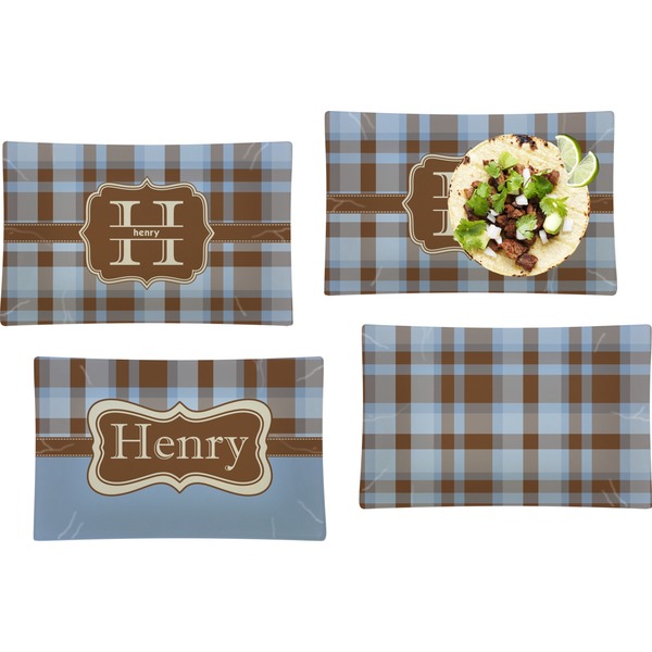 Custom Two Color Plaid Set of 4 Glass Rectangular Lunch / Dinner Plate (Personalized)
