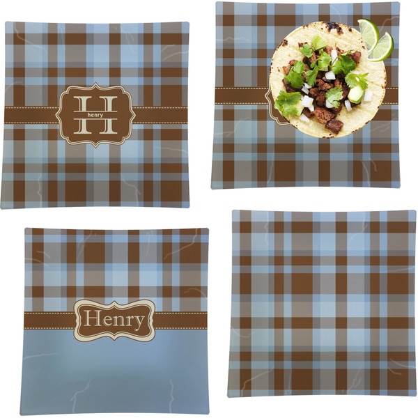 Custom Two Color Plaid Set of 4 Glass Square Lunch / Dinner Plate 9.5" (Personalized)