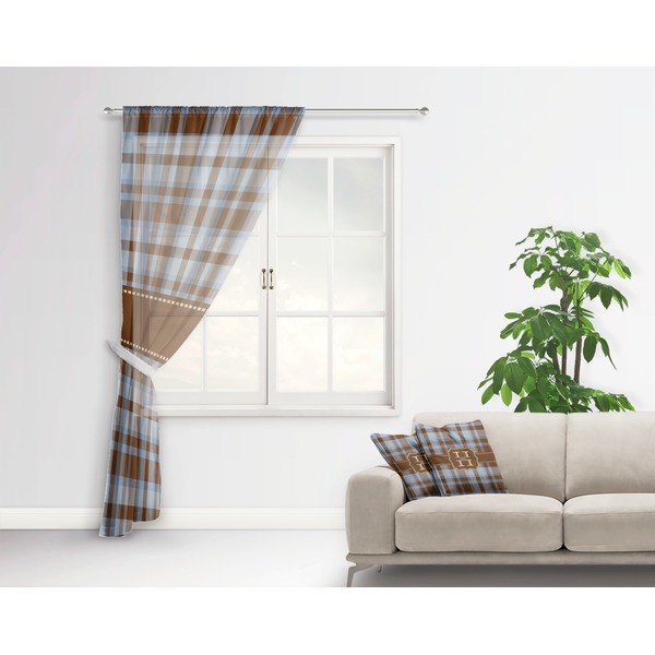 Two Color Plaid Sheer Curtain With Window and Rod - in Room Matching Pillow