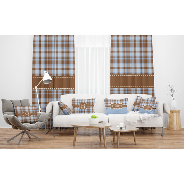 Two Color Plaid Sheer and Custom Curtains in Room with Matching Pillows