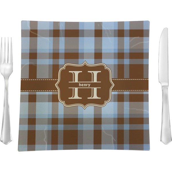 Custom Two Color Plaid 9.5" Glass Square Lunch / Dinner Plate- Single or Set of 4 (Personalized)
