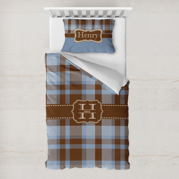 Custom Two Color Plaid Toddler Bedding w/ Name and Initial