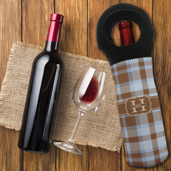 Two Color Plaid Wine Tote Bag - FLATLAY