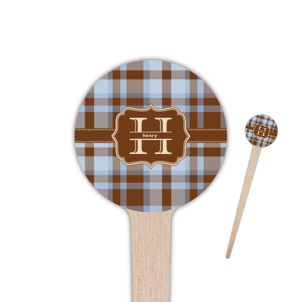 Custom Two Color Plaid 4" Round Wooden Food Picks - Single Sided (Personalized)