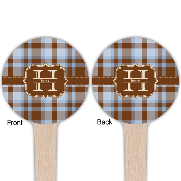 Two Color Plaid Wooden 4" Food Pick - Round - Double Sided - Front & Back