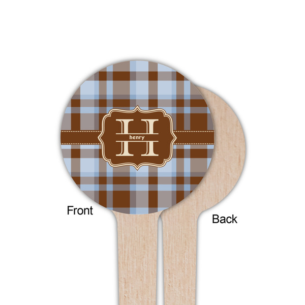 Two Color Plaid Wooden 4" Food Pick - Round - Single Sided - Front & Back