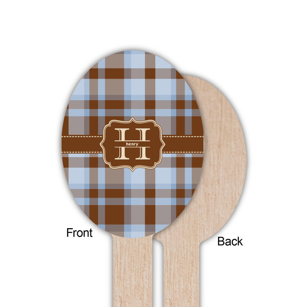 Two Color Plaid Wooden Food Pick - Oval - Single Sided - Front & Back