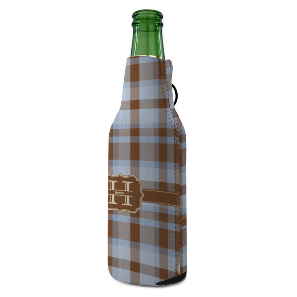 Two Color Plaid Zipper Bottle Cooler - ANGLE (bottle)