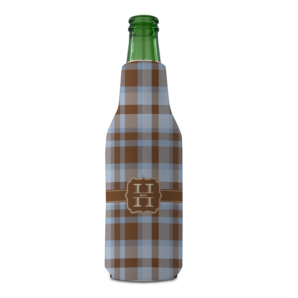 Two Color Plaid Zipper Bottle Cooler - FRONT (bottle)