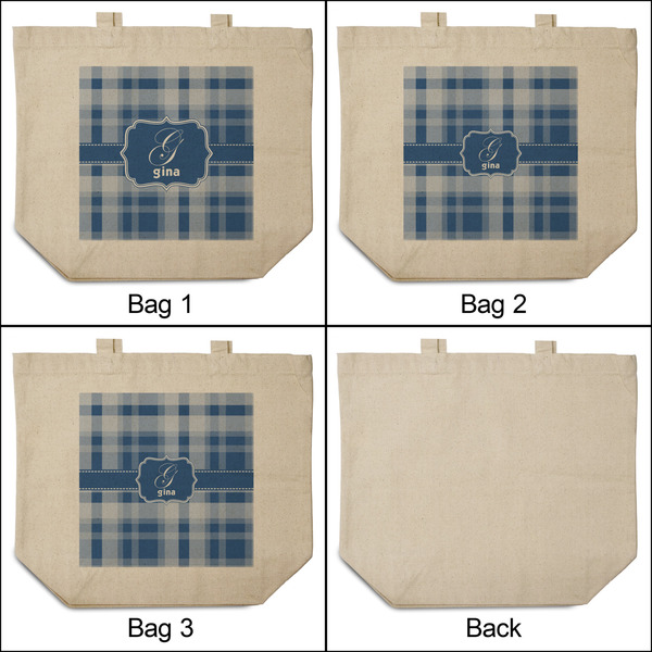 Plaid 3 Reusable Cotton Grocery Bags - Front & Back View