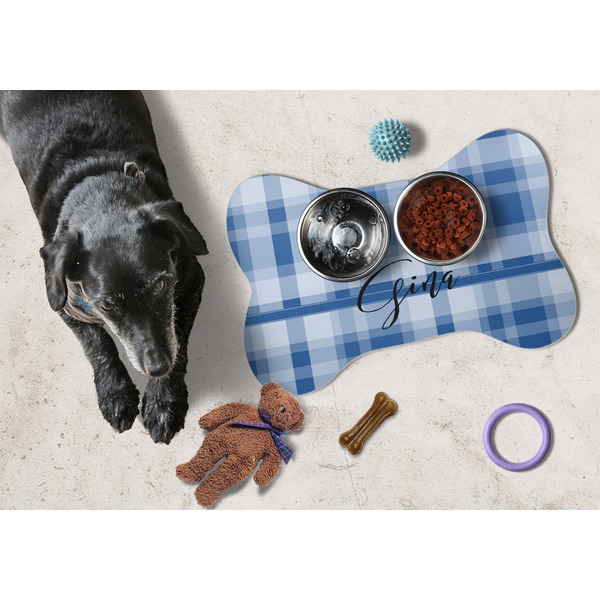 Plaid Bone Shaped Mat w/ Food & Water