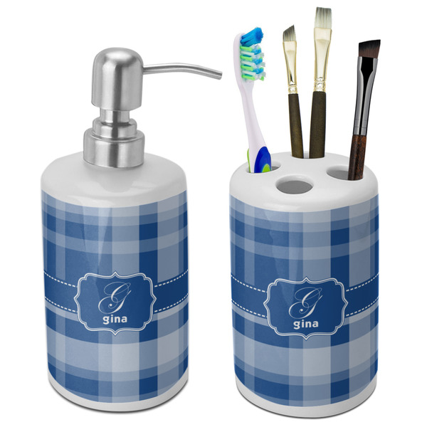 Custom Plaid Ceramic Bathroom Accessories Set (Personalized)