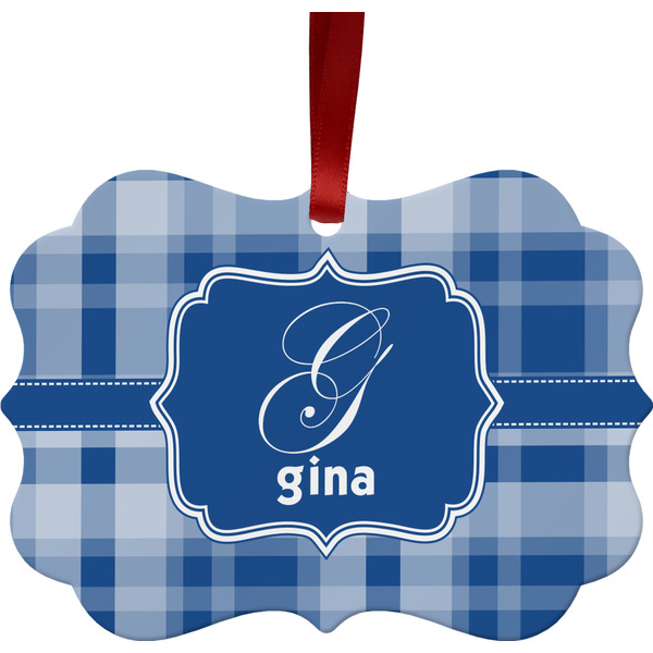 Custom Plaid Metal Frame Ornament - Double Sided w/ Name and Initial
