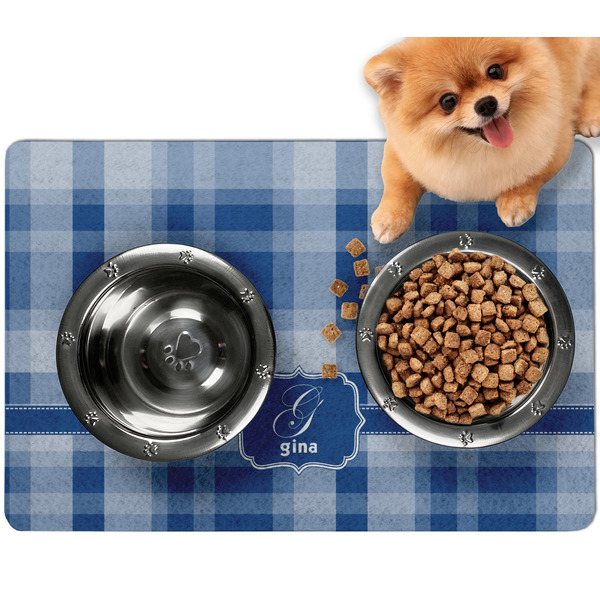 Custom Plaid Dog Food Mat - Small w/ Name and Initial