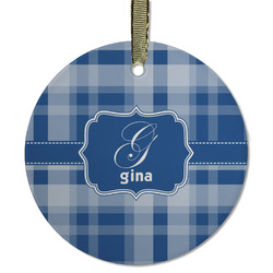 Plaid Flat Glass Ornament - Round w/ Name and Initial