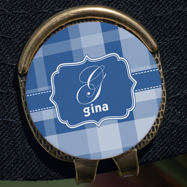 Plaid Golf Ball Marker Hat Clip - Gold - Close Up