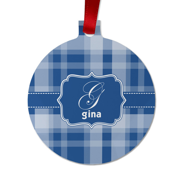 Custom Plaid Metal Ball Ornament - Double Sided w/ Name and Initial