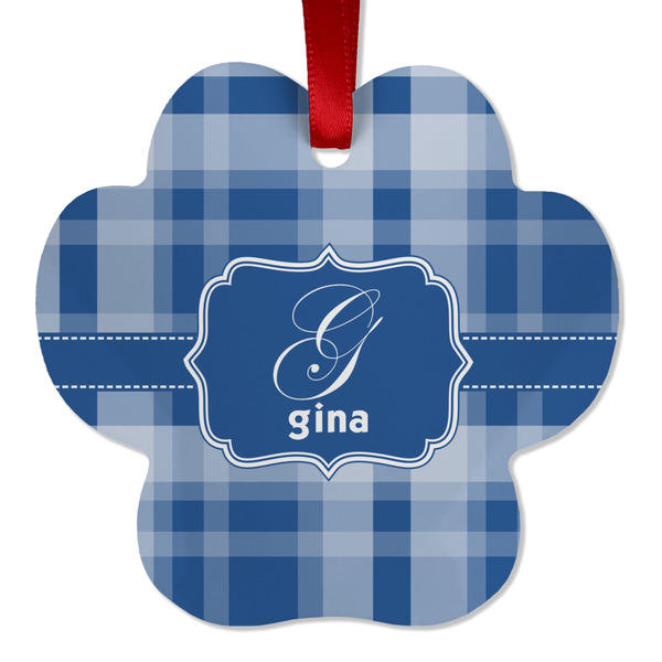 Custom Plaid Metal Paw Ornament - Double Sided w/ Name and Initial