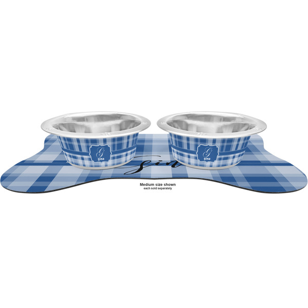 Plaid Metal Pet Bowls - On Dog Bone Shaped Mat