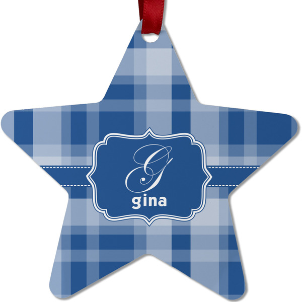 Custom Plaid Metal Star Ornament - Double Sided w/ Name and Initial