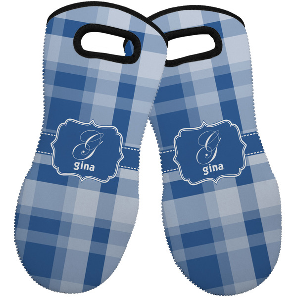 Custom Plaid Neoprene Oven Mitts - Set of 2 w/ Name and Initial