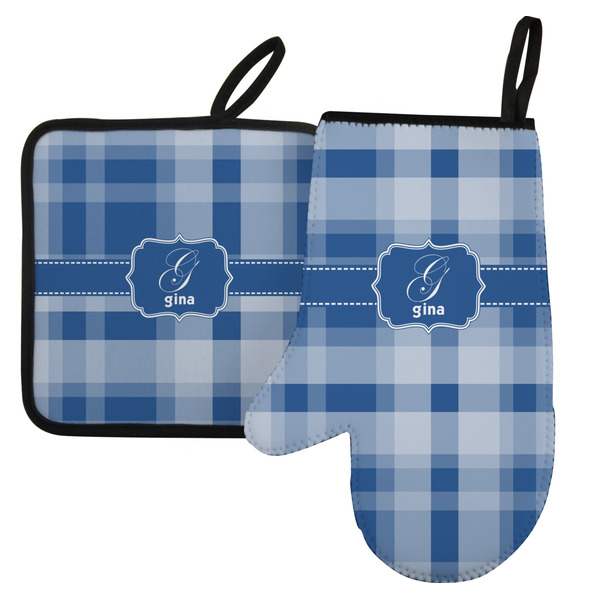 Custom Plaid Left Oven Mitt & Pot Holder Set w/ Name and Initial
