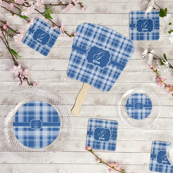 Plaid Party Supplies Combination Image - All items - Plates, Coasters, Fans