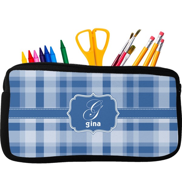 Custom Plaid Neoprene Pencil Case - Small w/ Name and Initial